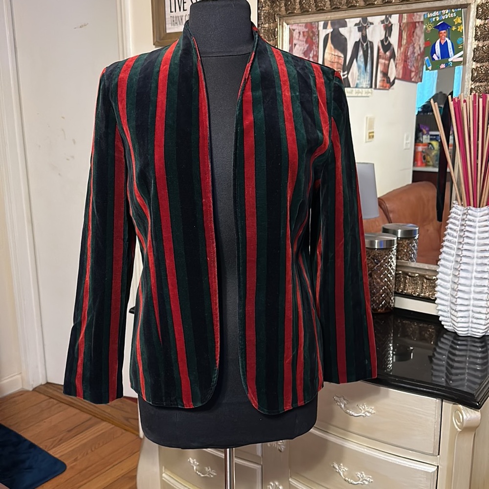 BEAUTIFUL 😍 VINTAGE TAN FLAY WOMENS COLORFUL VELVET BLAZER SIZE GRANDEUR